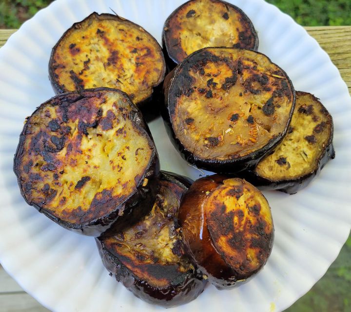 Eggplant intended for grilling, but baked and pan-seared instead.
