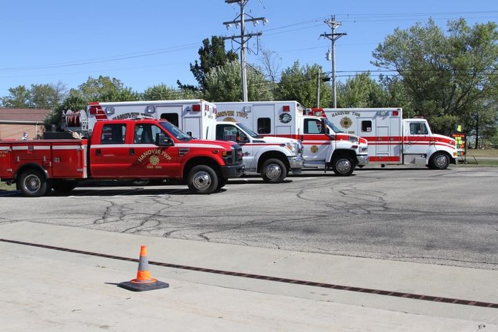 Hanover Township fire and EMS vehicles sit in a designated parking lot in 2019. 