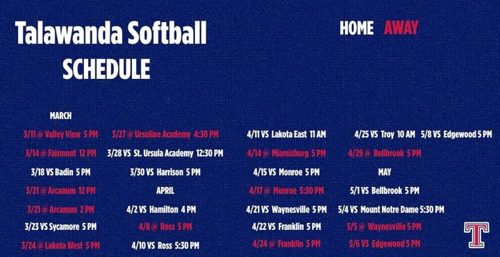 Talawanda girls softball 2026 schedule.