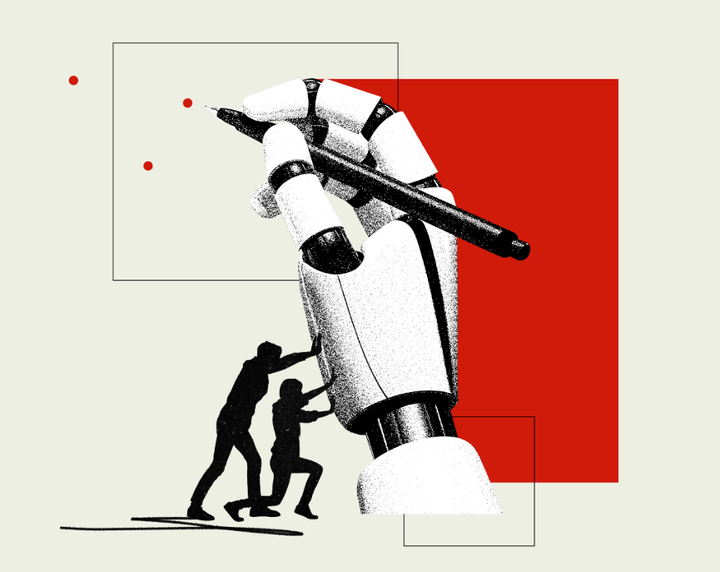 A robotic hand is upheld by two shadowy figures
