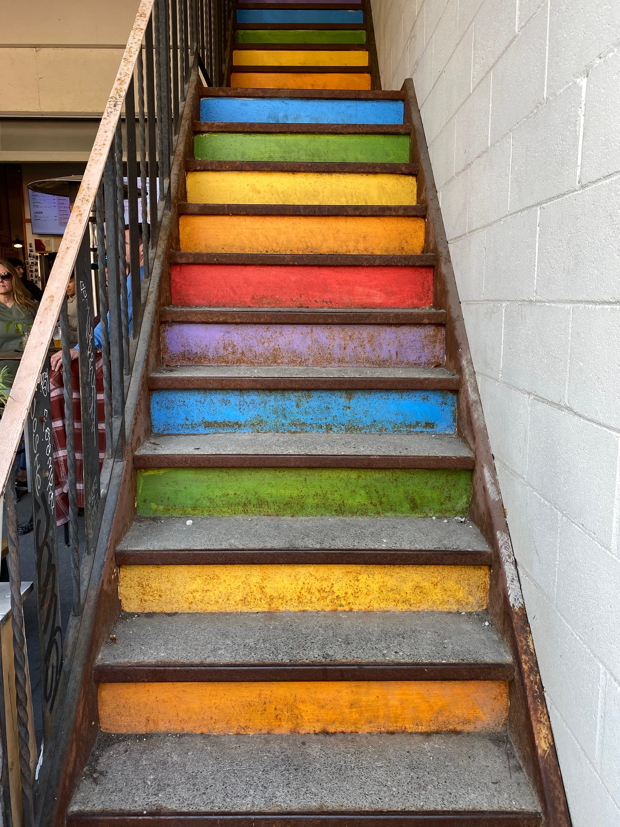 Rainbow coloured staircase.
