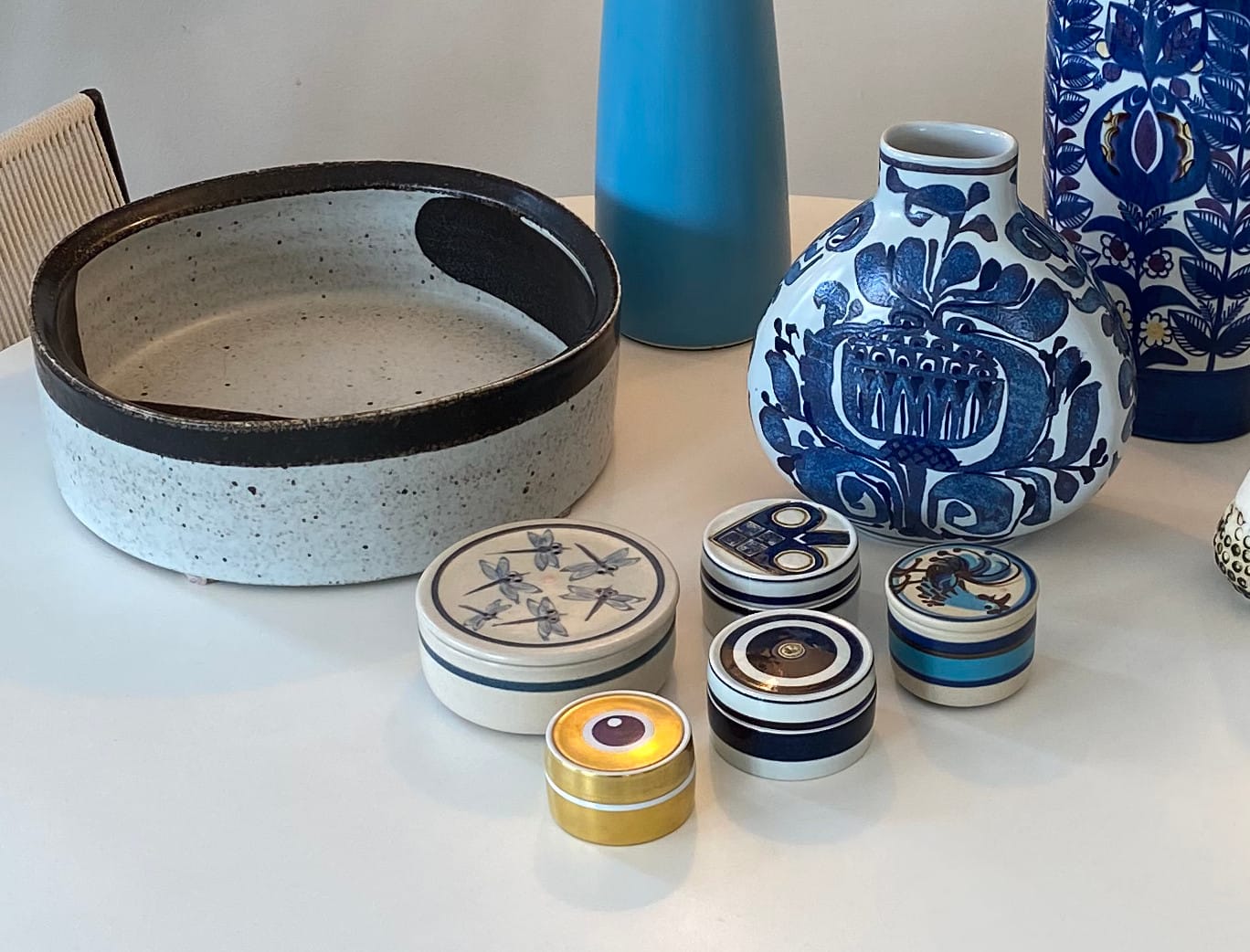 A closer view of the five trinket boxes.