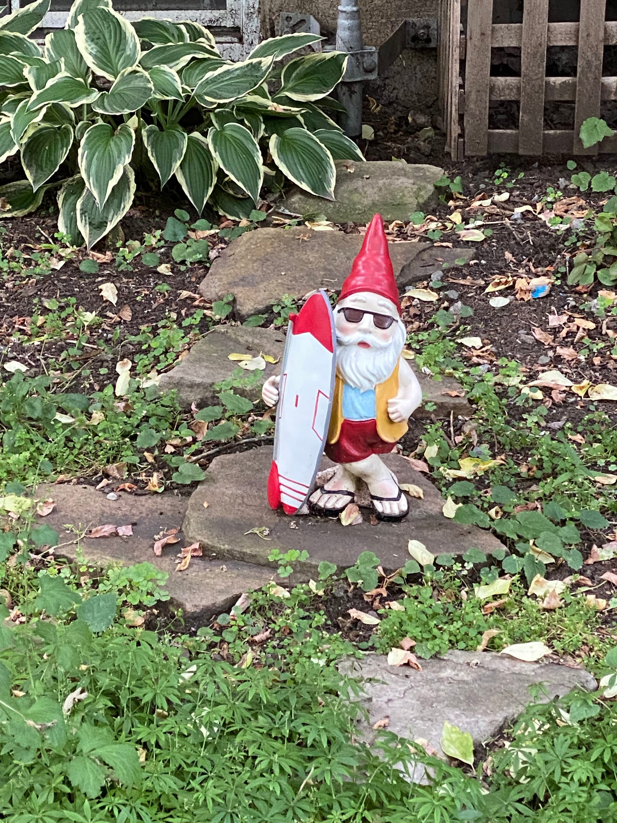 A garden gnome wearing sunglasses and holding a surfboard.