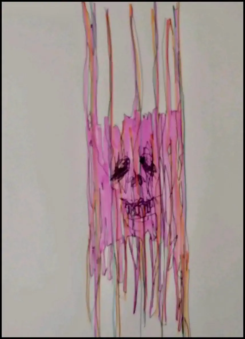 A pink skull face and trailing strings above and below.