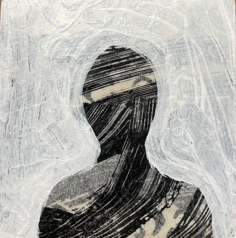 Abstract image of a silhouette with textured white paint overlaying black and beige horizontal lines. The stark contrast creates an enigmatic and introspective mood.