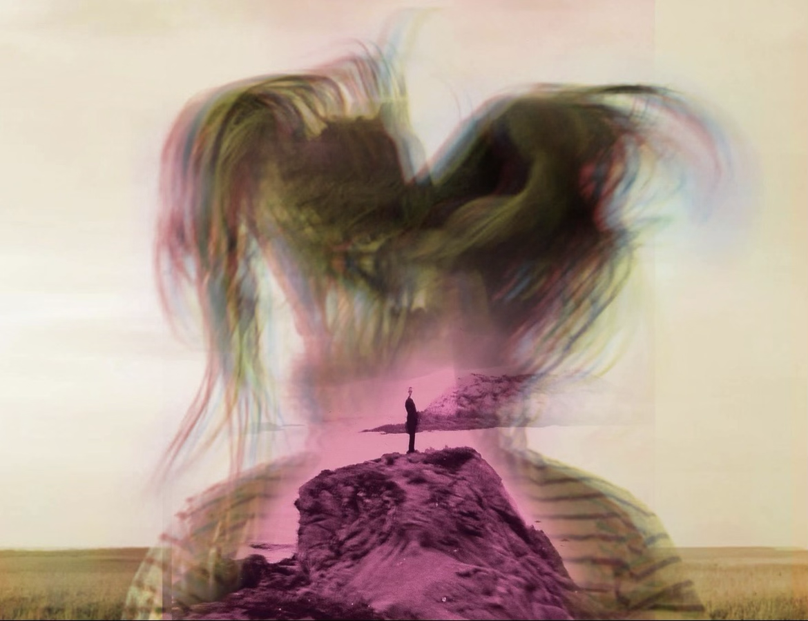 A blurred, surreal image shows a person standing on a rocky outcrop, superimposed with a colorful, abstract form. The scene conveys a dreamlike mood.