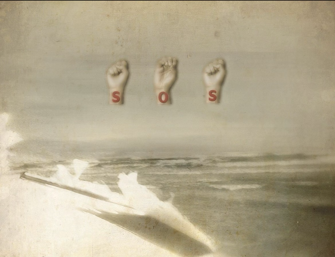 Three raised fists form "SOS" with letters on each hand, set against a textured background of a beach scene, evoking a sense of urgent distress.