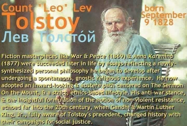 Portrait of Leo Tolstoy with a long beard sitting on a chair. Text around him highlights his literary works and influence on social justice. The background is blurred, emphasizing a reflective tone.