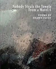 Rain-streaked window with blurred cityscape. Title: "Nobody Steals the Towels From a Motel 6," Poems by Shawn Pavey, in white text.