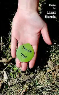 A hand holds a green leaf with "Thank You" written on it, set against a background of grass and leaves. The image conveys gratitude and nature.