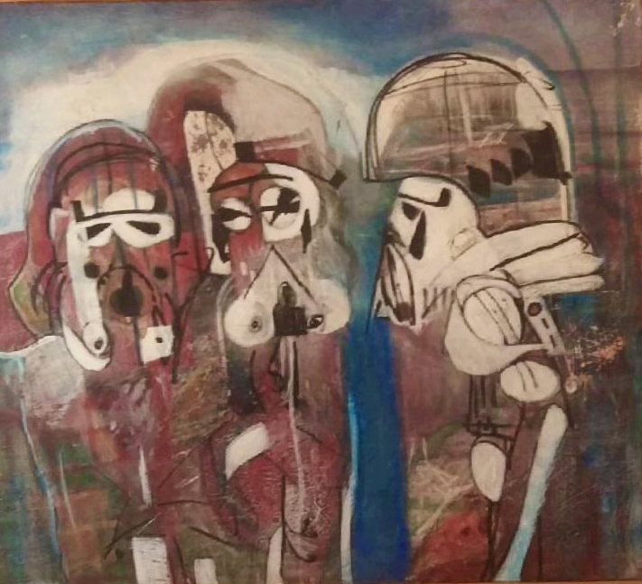 Abstract painting of three figures wearing stylized helmets. The use of bold, mixed colors creates a surreal, mysterious ambiance.