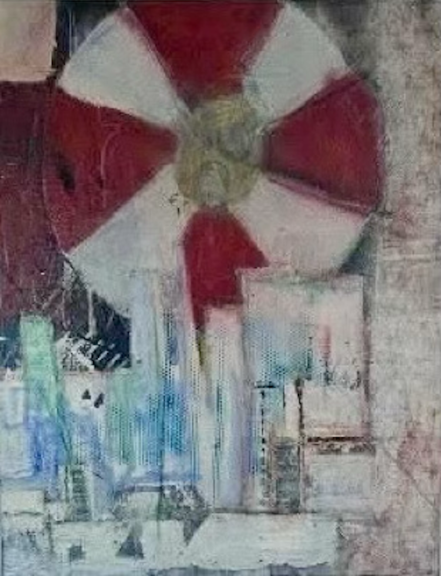 Abstract painting with dominant red and white circular pattern resembling a pinwheel. Below, pastel rectangles suggest city buildings. Textured and dynamic.