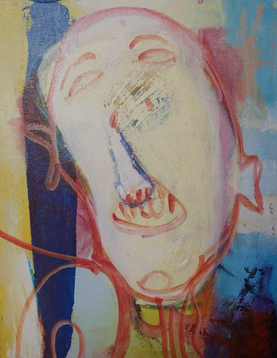 Abstract painting depicting a man with a prominent red nose, featuring bold colors and dynamic brush strokes.