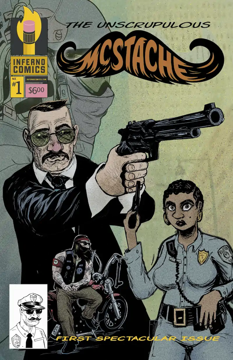 Comic cover titled "The Unscrupulous McStache" shows a detective with sunglasses aiming a gun, a shocked policewoman, and a biker on a motorcycle. Bold, intense tone.
