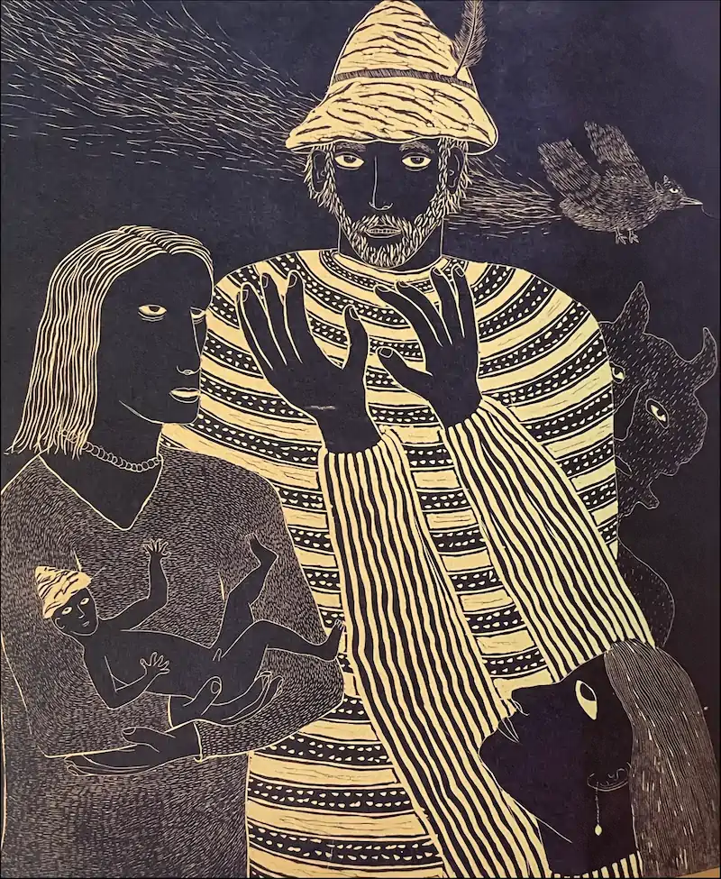 A stylized illustration featuring three figures: a man in a striped shirt and hat, a woman holding a child, and another woman looking up. A bird flies above.