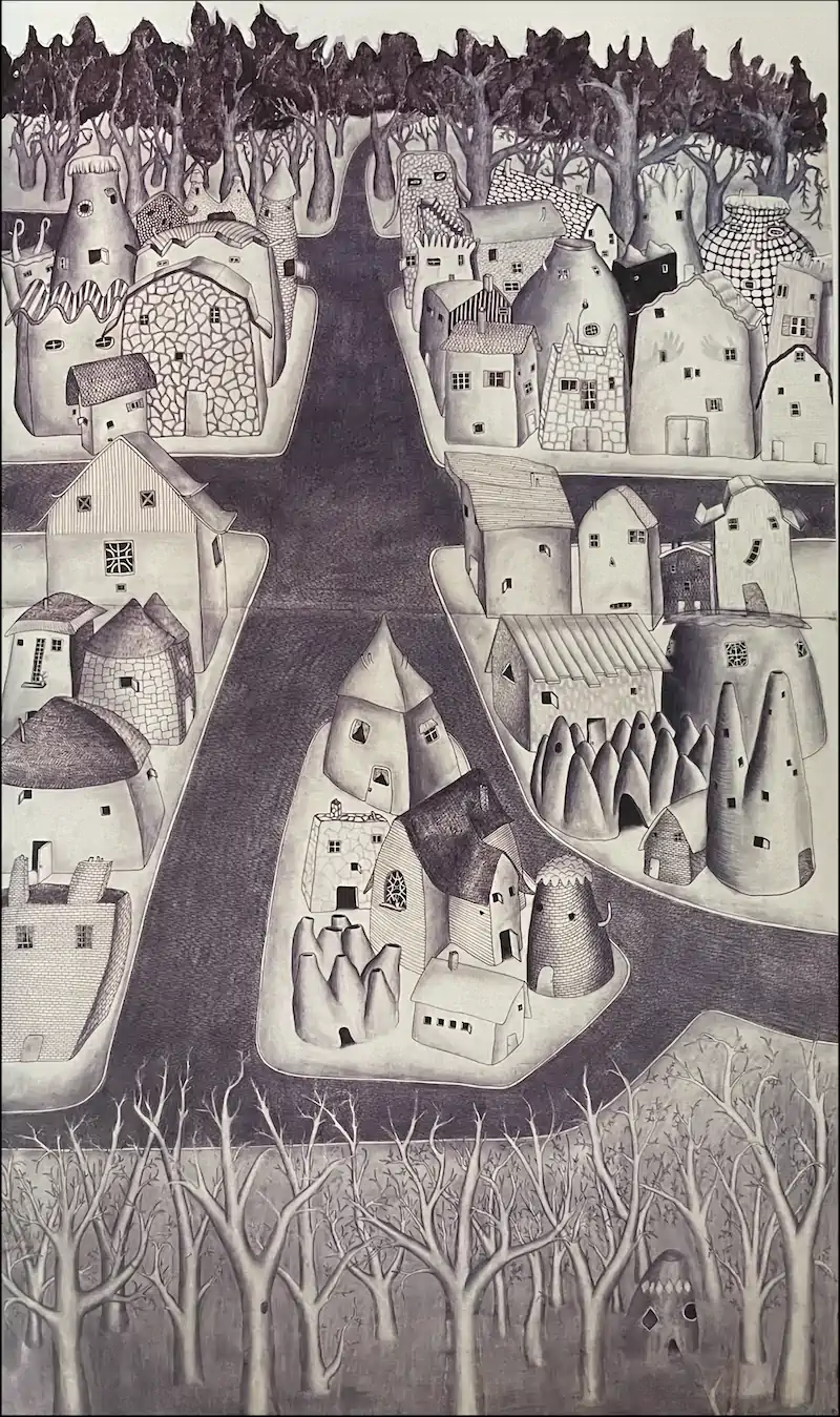 A monochromatic illustration of a village with various uniquely shaped houses and a winding road, surrounded by bare trees.