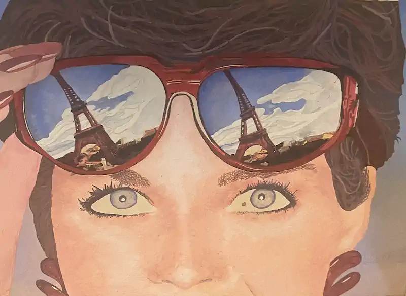 A close-up illustration of a woman's face wearing sunglasses, with reflections of the Eiffel Tower and clouds in both lenses.