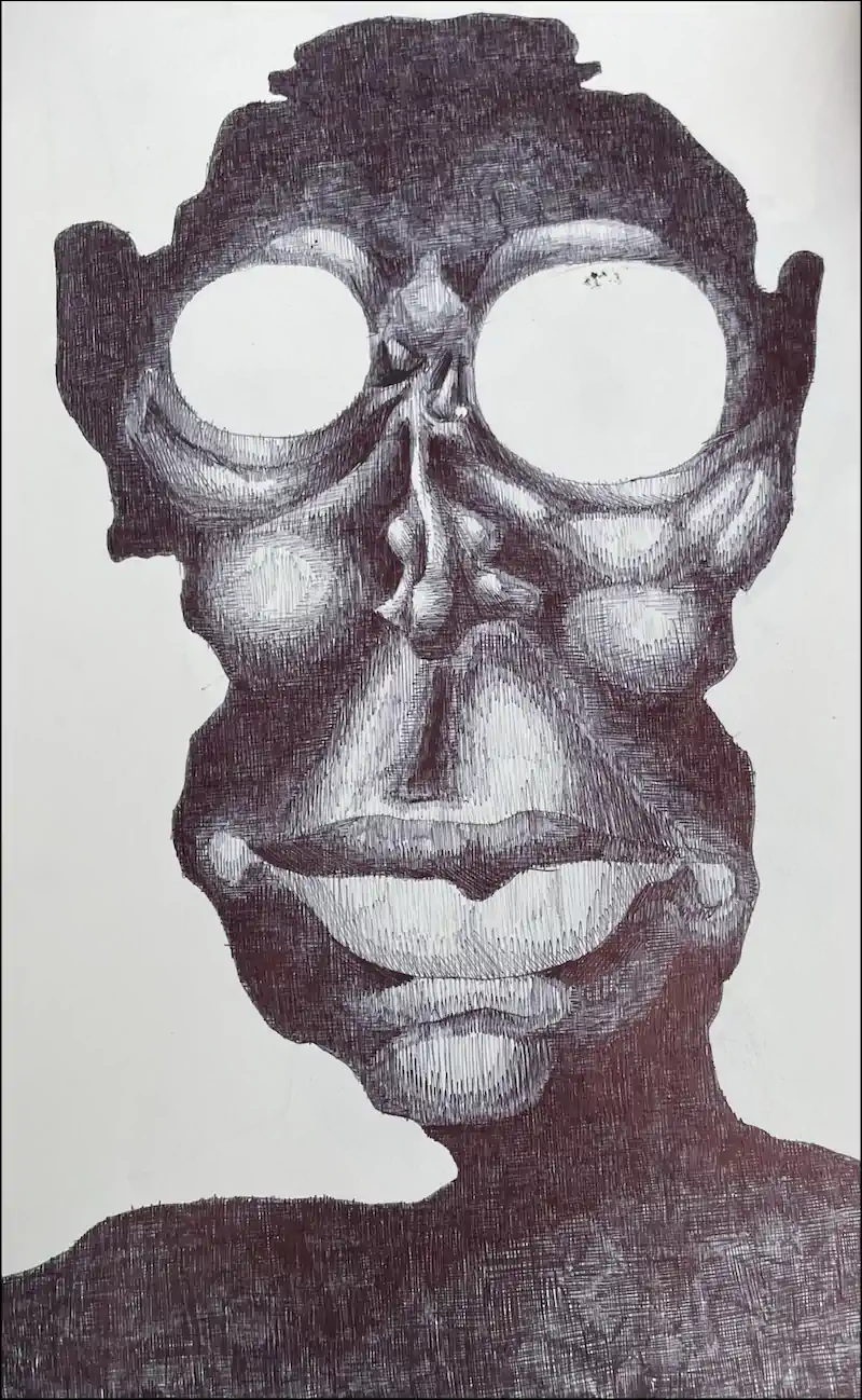 Black ink drawing of a distorted human face with exaggerated features, large empty eye sockets, prominent lips, and textured shading.