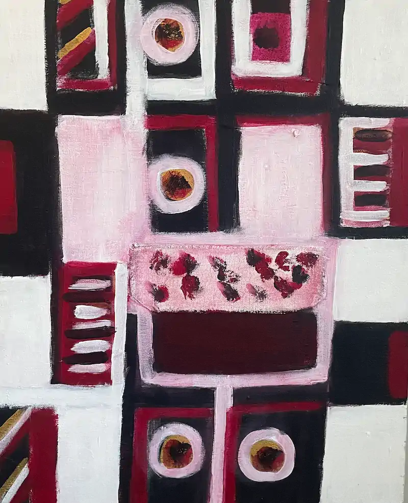 Abstract geometric painting in black, white, red, and pink grid blocks with scattered circular motifs and a mottled maroon-spotted panel.