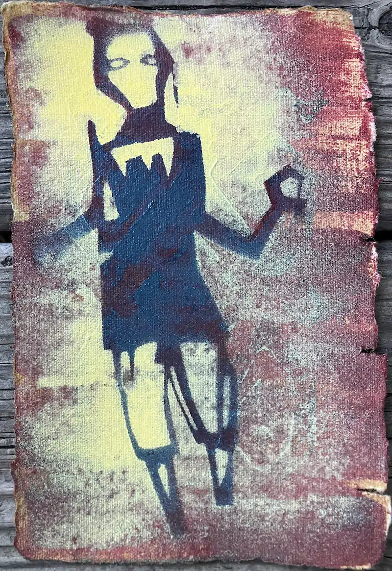 Stencil-style painting of a gaunt figure in a dark dress with drips and thin legs, on a distressed yellow and maroon canvas with frayed edges.