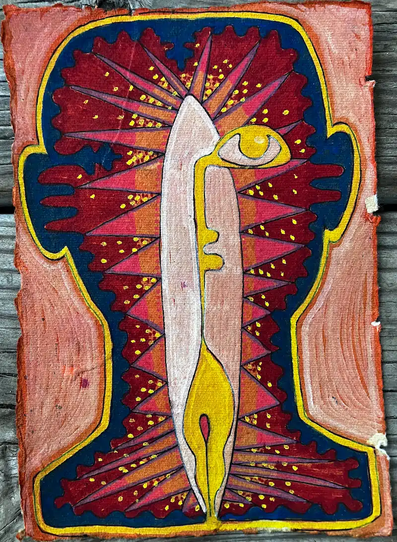 Abstract painting of a single tall eye-topped figure radiating red and orange spikes, framed in a yellow-outlined head shape on rough canvas.