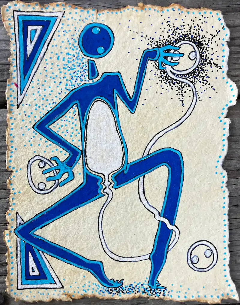 Blue-outlined figure crouches holding orb-like hands, flanked by triangular motifs and speckled dot patterns on cream handmade paper.