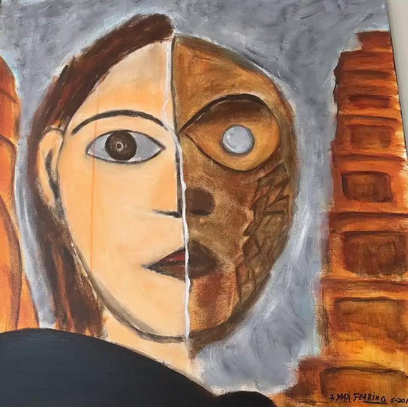 Painting of a face split into contrasting halves, pale skin on one side and mask-like bronze features on the other, before a brick tower.