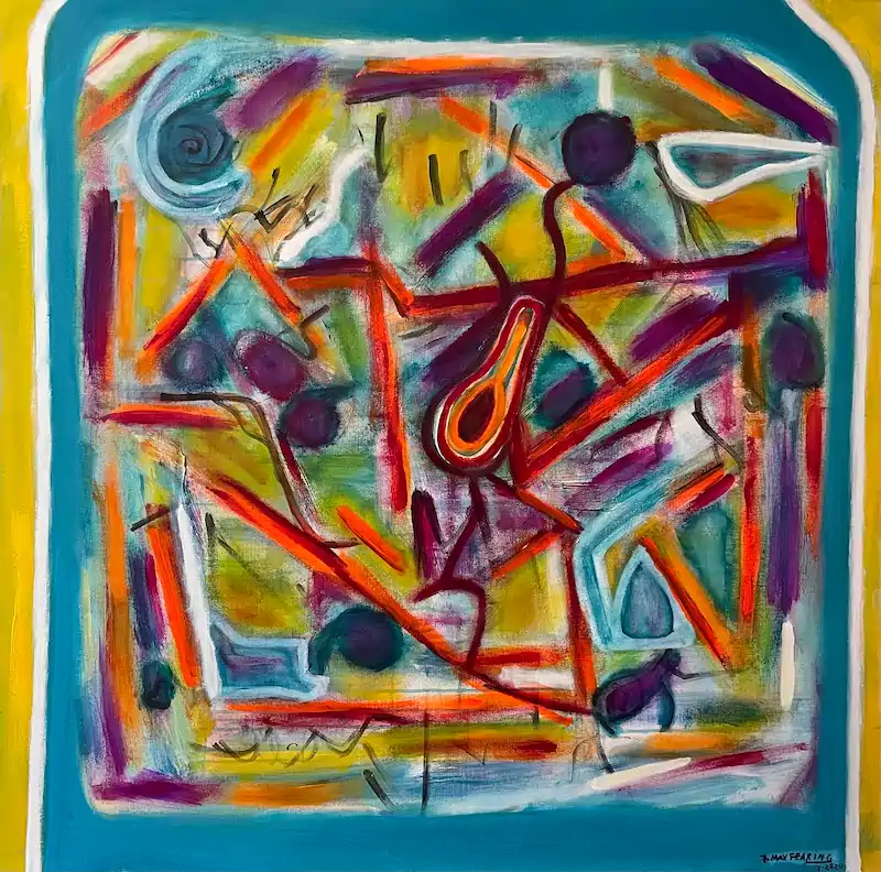 Abstract painting with a teal-bordered panel of crisscrossing red, orange, and purple slashes, dark circular forms, and a central flame-like teardrop shape.