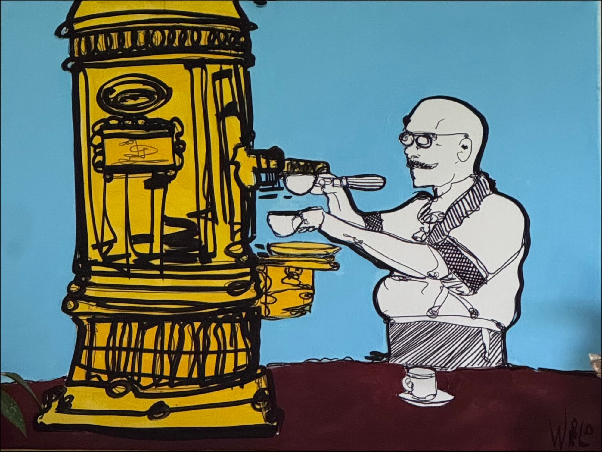 Illustration of a bald, mustached barista in an apron pouring espresso cups beside a large ornate golden espresso machine.