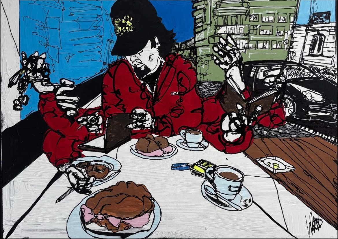 Mixed-media painting of a red-jacketed, multi-armed figure at a café table laden with pastries and coffee cups, city buildings sketched behind.