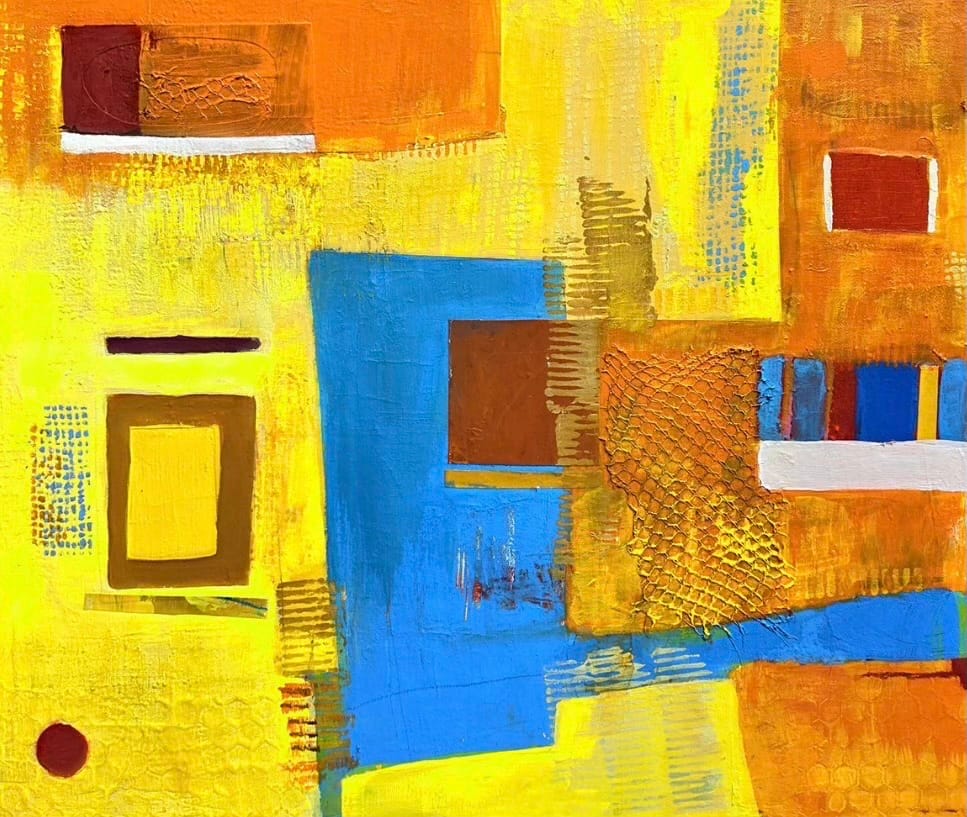 Abstract geometric painting in mustard yellow, blue, and rust tones with textured collaged rectangles and a honeycomb-patterned panel.
