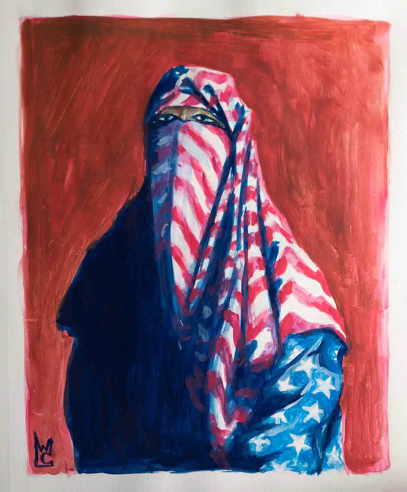 Painting of a figure wearing a face-covering veil (hijab) made from an American flag, with only the eyes visible, against a red background.