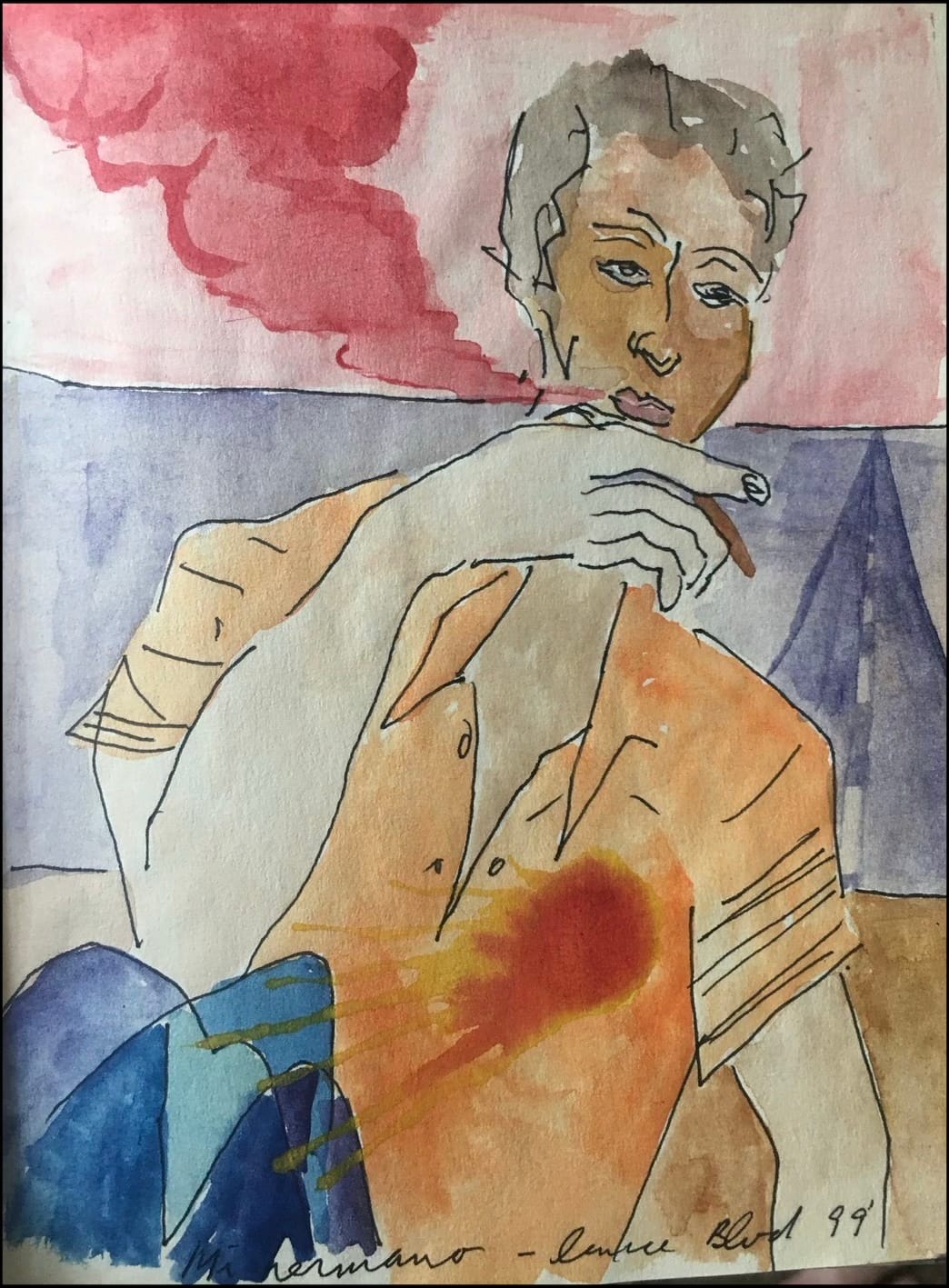 Ink and watercolor portrait of a short-haired figure smoking a cigar, red smoke rising, an orange jacket with a blood-red stain, inscribed "Mi hermano."