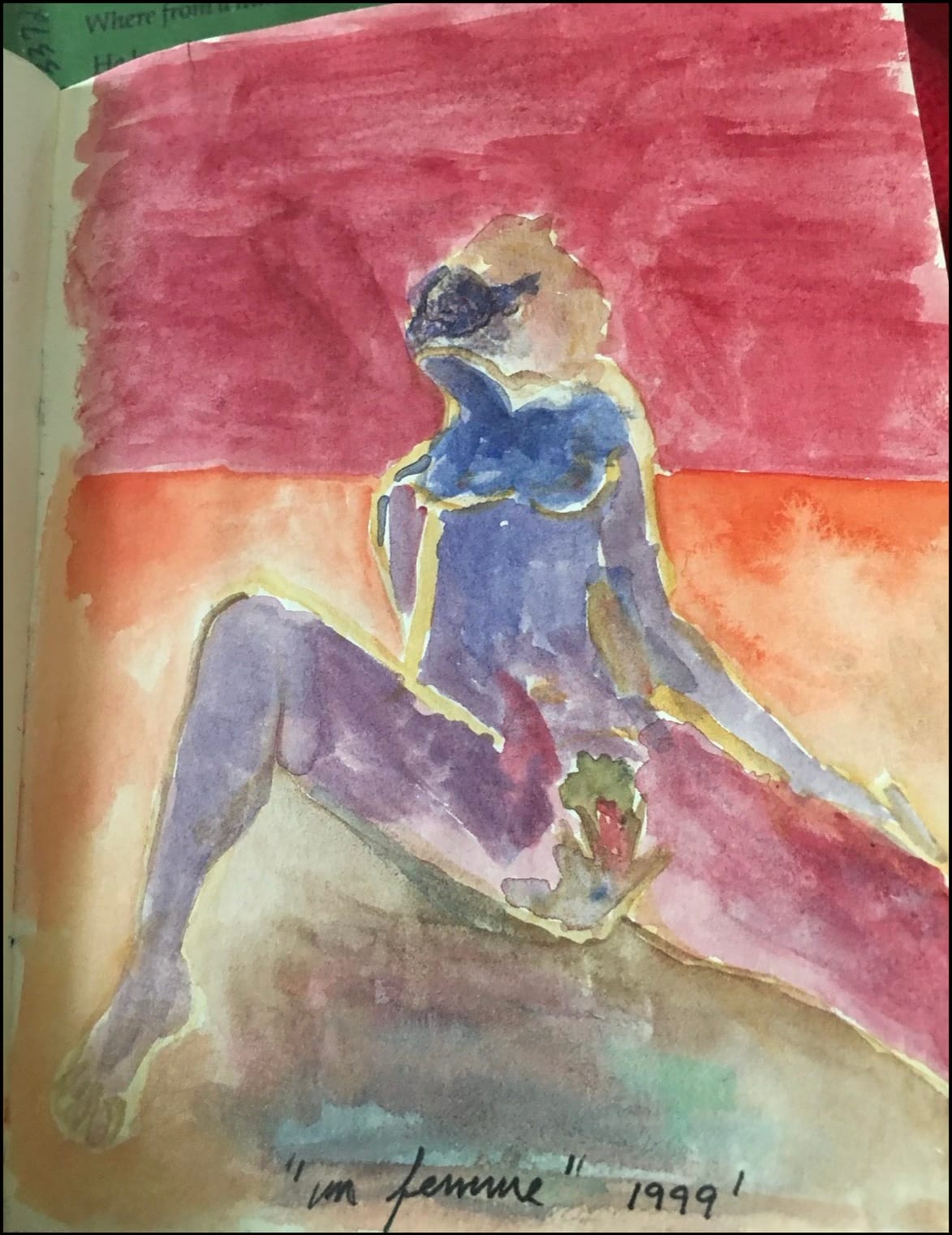 Watercolor of a seated nude figure in violet and blue, leaning back against a red and orange ground, inscribed "un femme" 1999, in a sketchbook.
