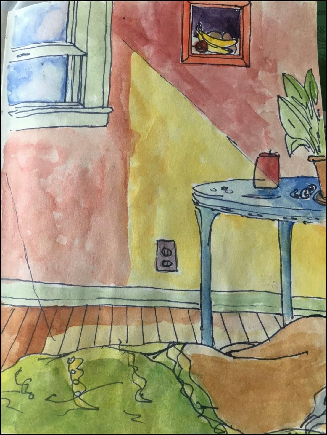 Ink and watercolor interior of a pink and yellow room with a blue side table, potted plant, framed still life, window, and rumpled green bedding.