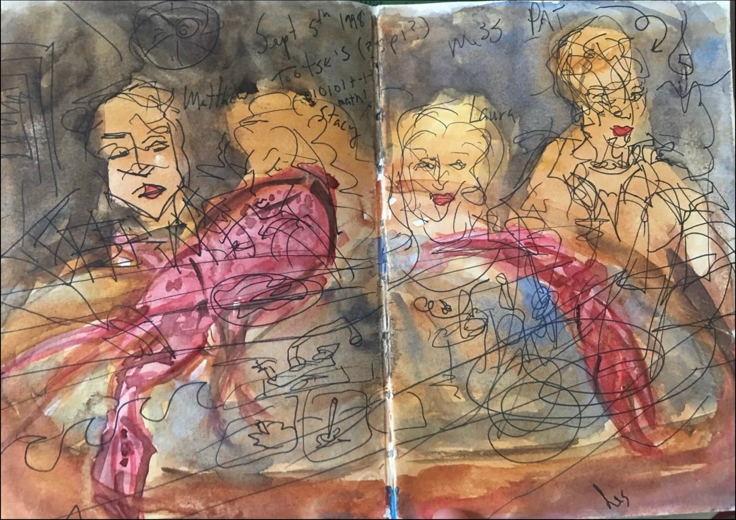 Ink and watercolor sketchbook spread of four seated figures at a table, scribbled with dense pen lines, labeled Matthew, Stacy, Laura and Pat, dated Sept 1998.