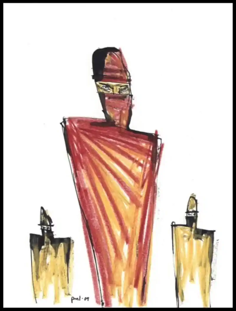 Mixed-media drawing of a tall robed, masked figure in red and gold with two smaller similarly dressed figures below.