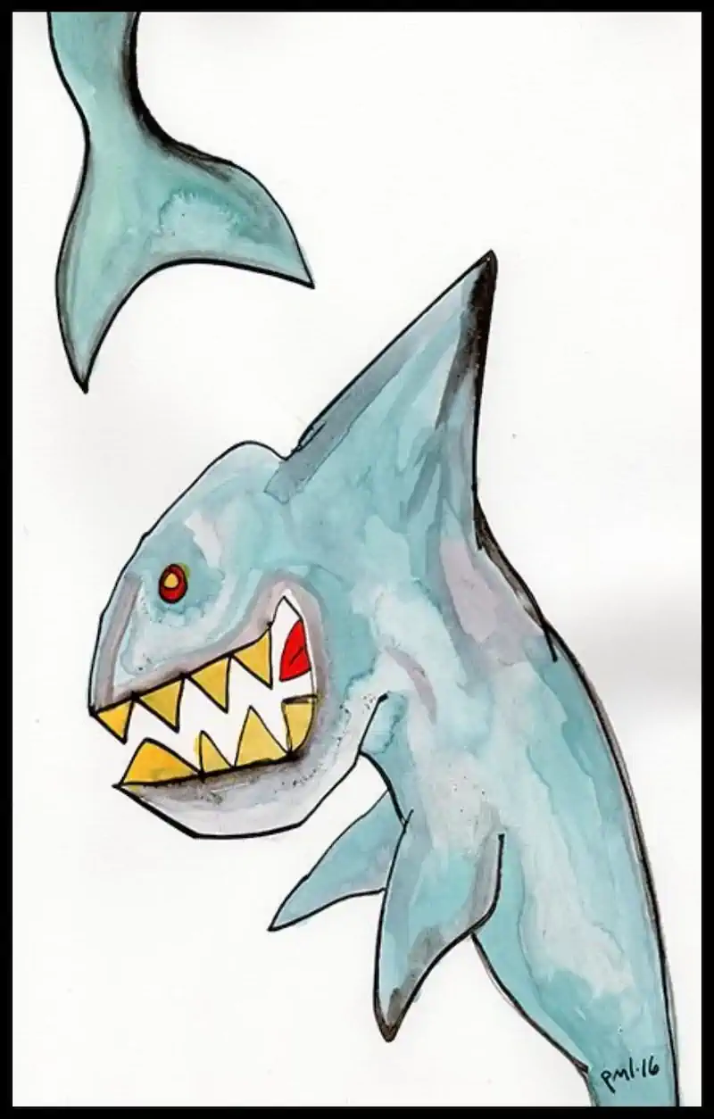 Watercolor and ink illustration of a teal shark with bared teeth, its tail fin detached and floating separately above.