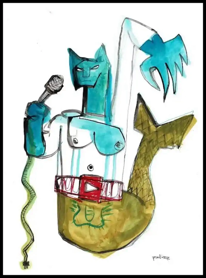 Mixed-media illustration of an abstract humanoid figure with a cat-like teal head, fish tail, red collar, and a wing-like shape.