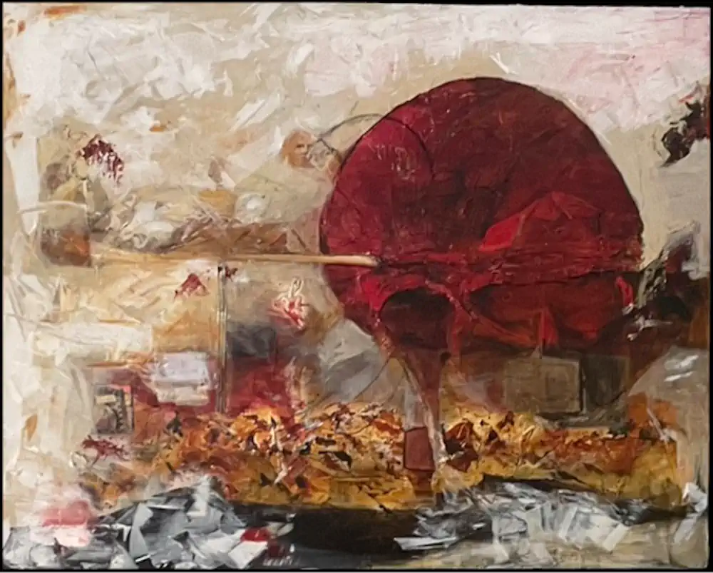 Abstract painting with a large dark red circular form above layered gold, white, and gray collaged textures on a pale ground.