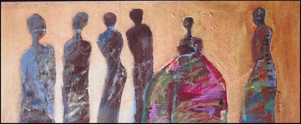 Painting of six elongated, faceless figures in blue, brown, and multicolored patterns standing in a row against an ochre background.