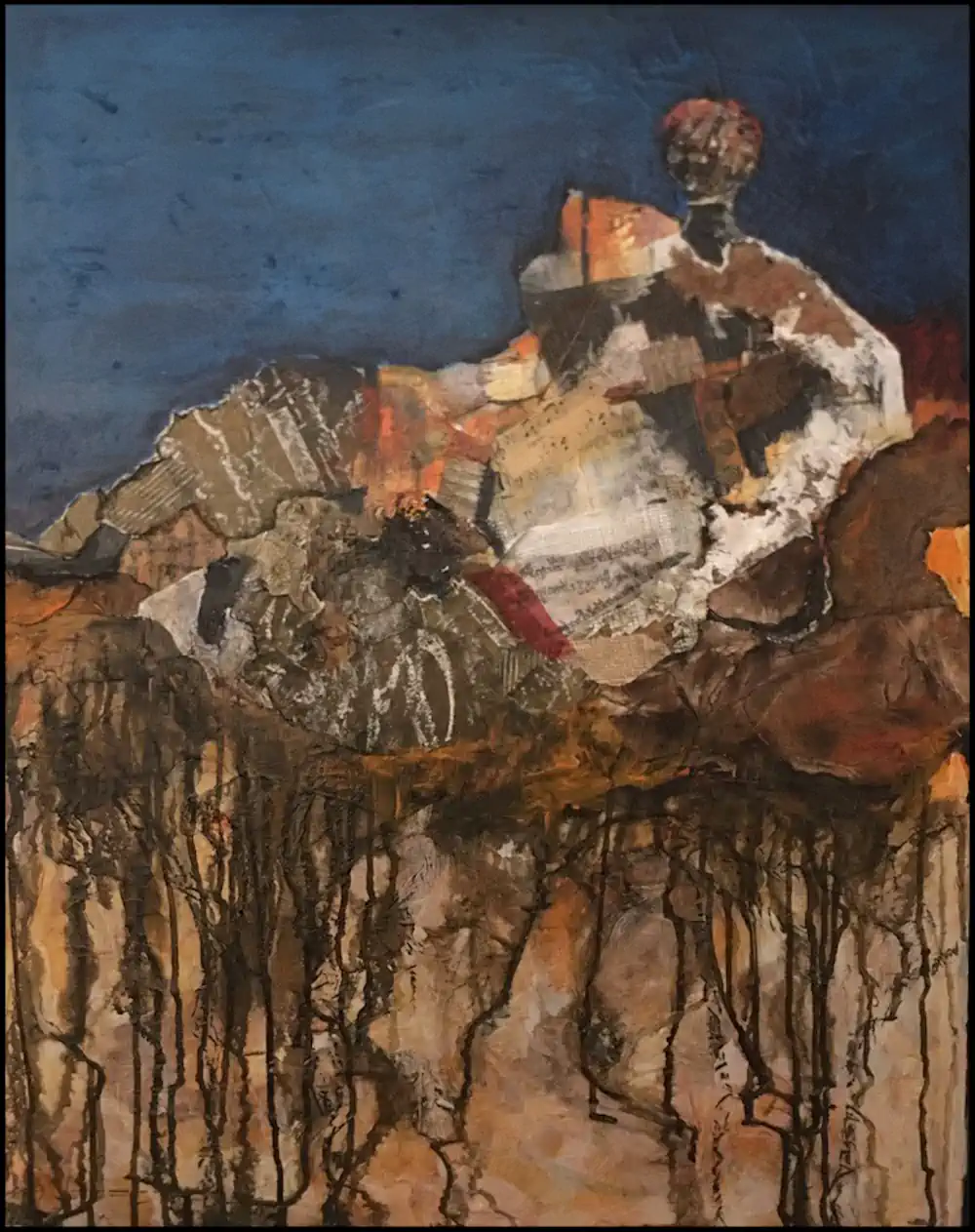 Collage of a seated figure built from sheet music and torn paper, against a deep blue sky with black drips below.