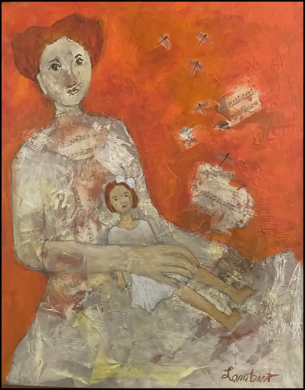 Mixed-media painting of a red-haired woman in white holding a doll, with sheet music and dragonflies against an orange background.