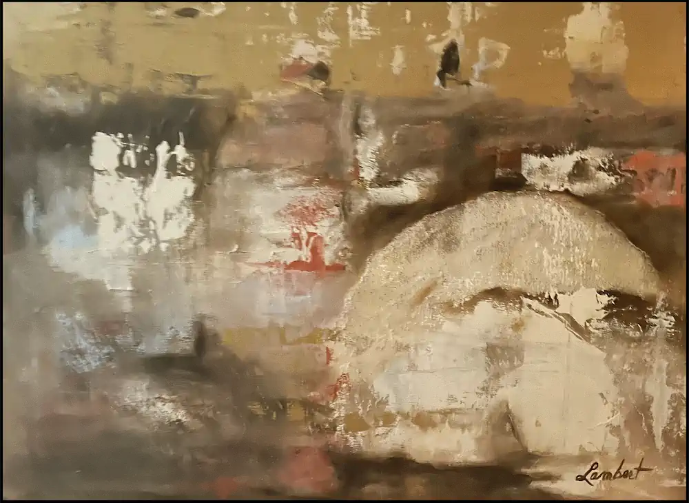 Abstract painting in muted tan, gray, and white with scraped textures, a large pale mound at right, and small red accents.