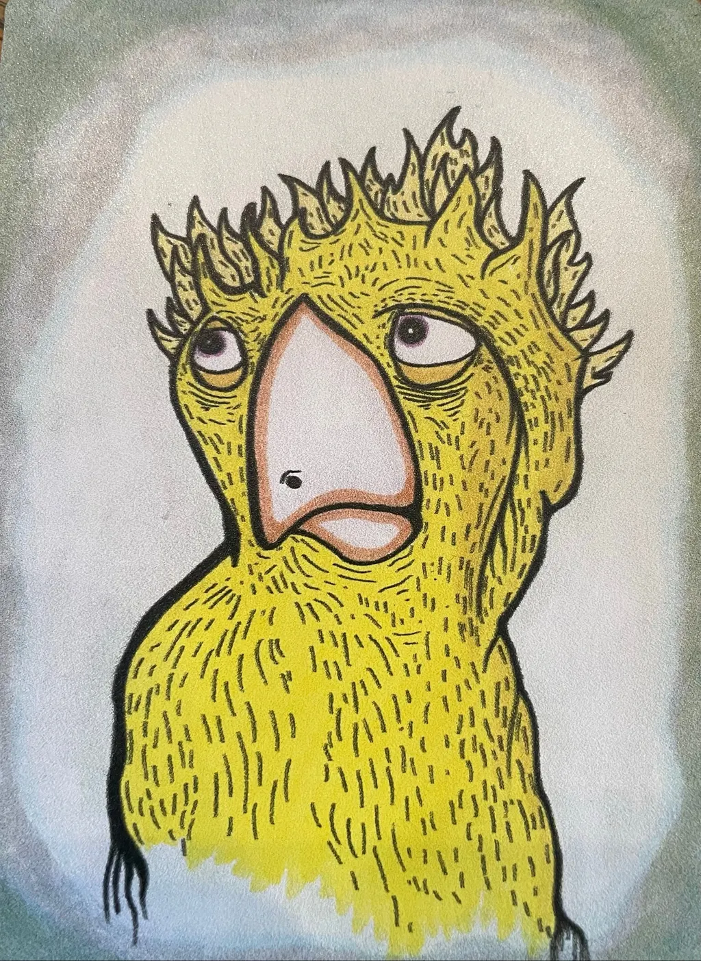 Image is a an illustration of a parrot with large sad eyes. The parrot is covered in yellow feathers.