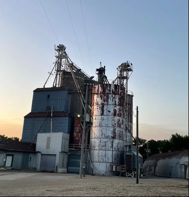 Industrial grain silo complex with rusted metal structures and power lines against a sunset sky.