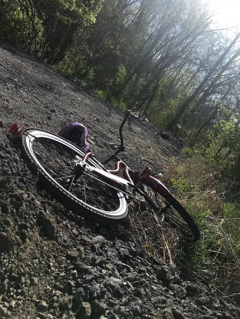 A bicycle lies on its side on a gravel slope, backlit by sunlight through trees, another bike faintly visible in the background.