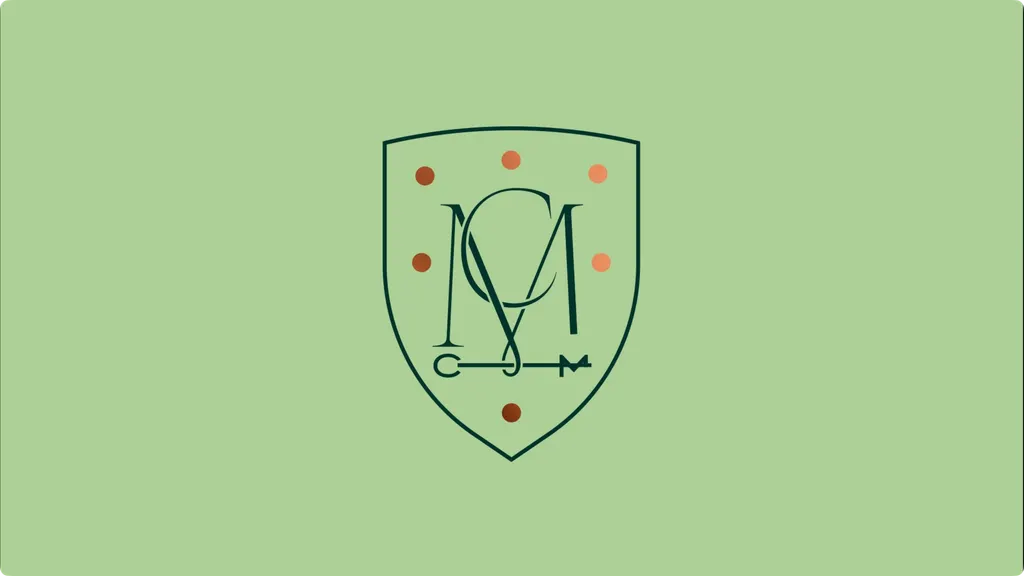 Illustration of a shield-shaped crest with interlocking "CM" monogram and six copper dots, on a sage green background.