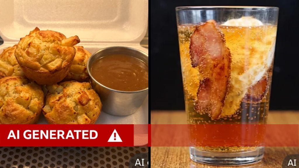 A chip muffin and a bacon and egg soda, as imagined by a machine that has never been to Manchester or Belfast. Images: Just Eat, via BBC News