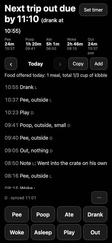 The puppy log app: a countdown to the next trip outside, timers since the last pee, poop and meal, and eight big buttons.